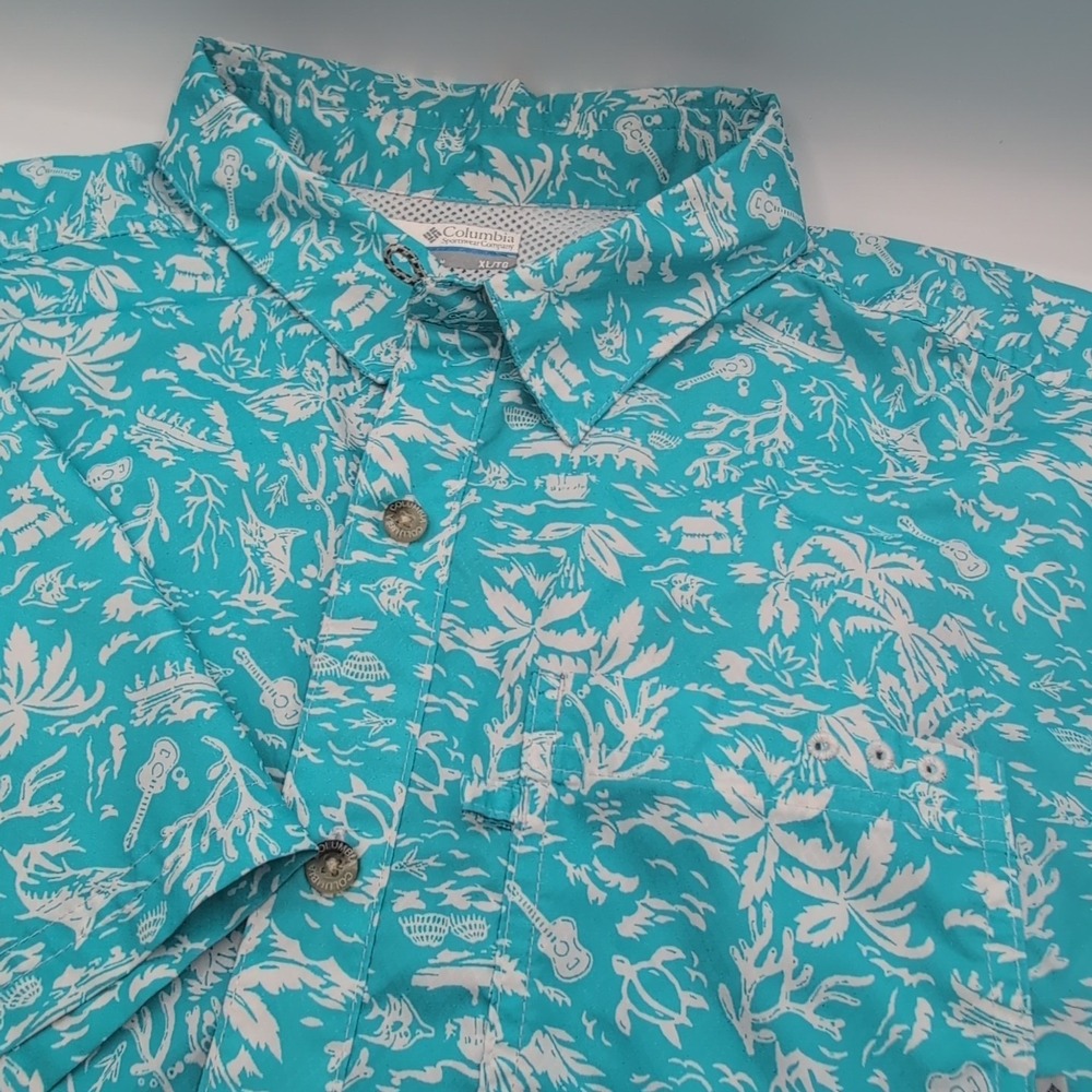 Columbia PFG Shirt Mens XL Omni Shade Fishing All Over Print Short Sleeve Button